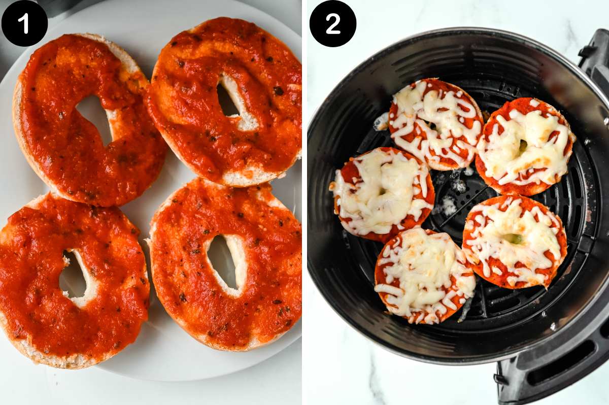 numbered steps for making homemade bagel bites in the air fryer.