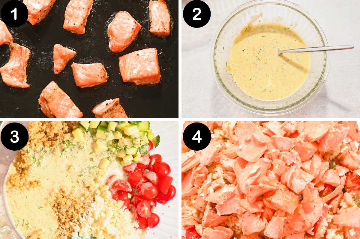 numbered step by step collage photo for making quinoa and salmon salad.