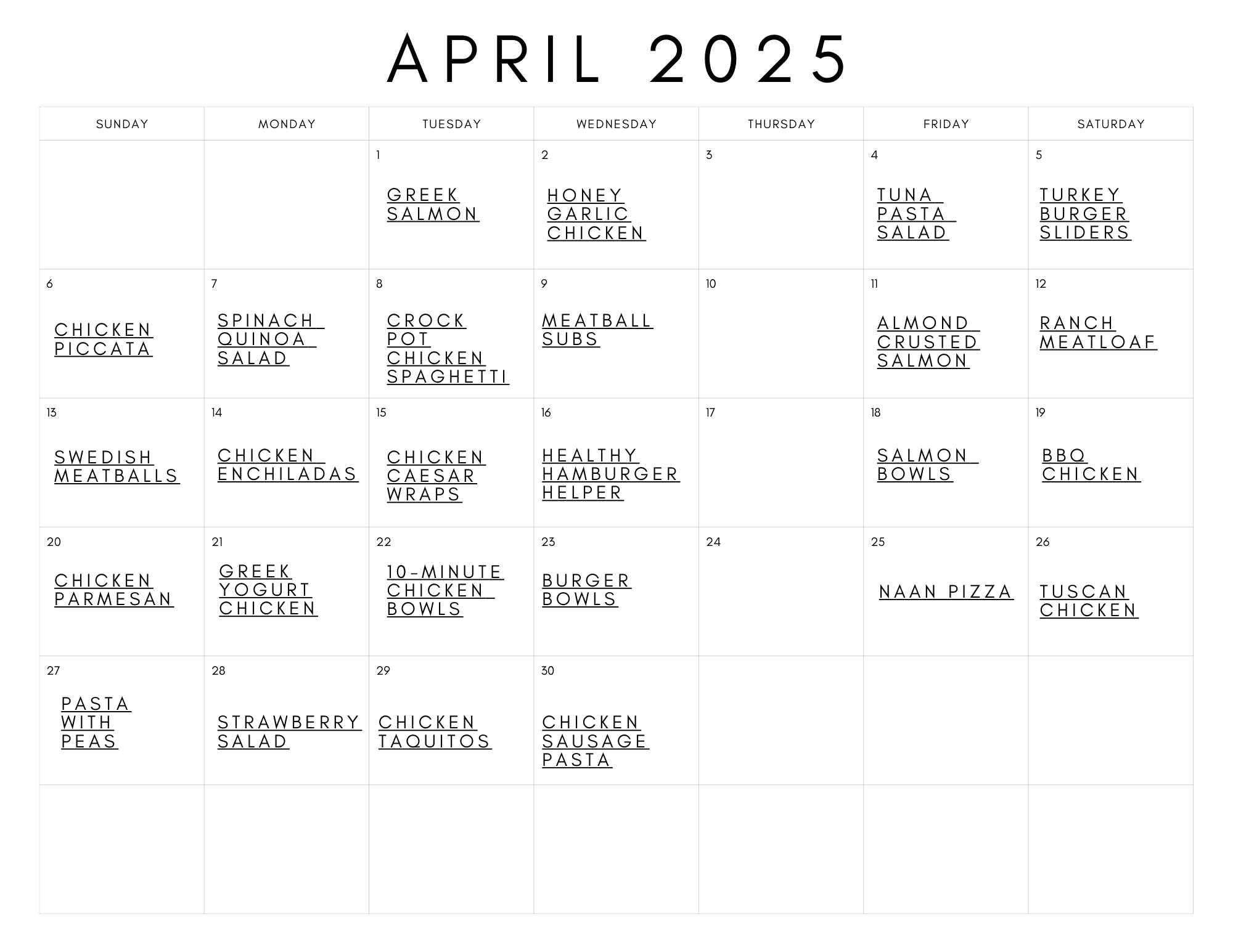 April meal plan document calendar with meal ideas.