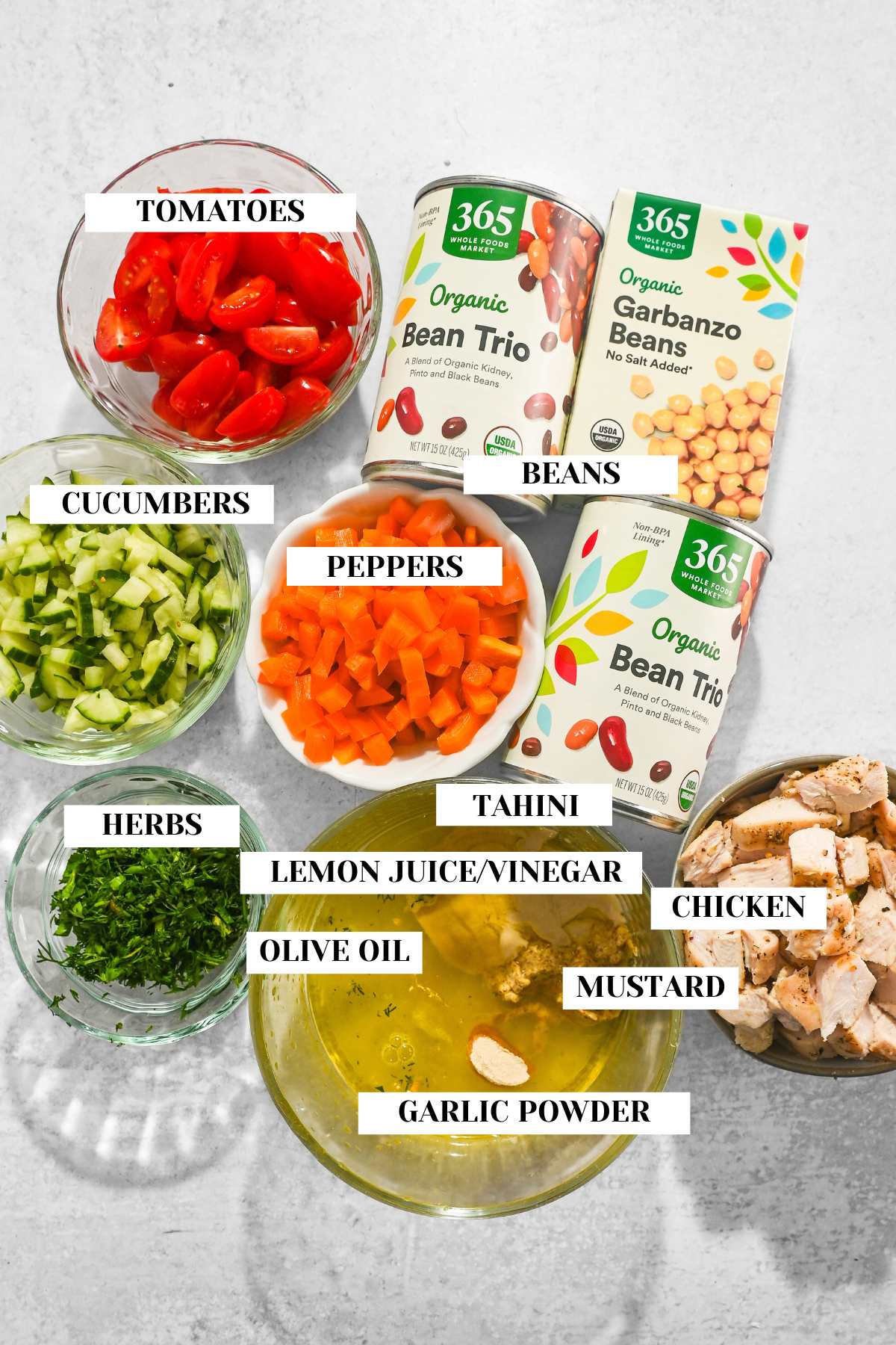 labeled ingredients for making high protein dense bean salad with chicken.