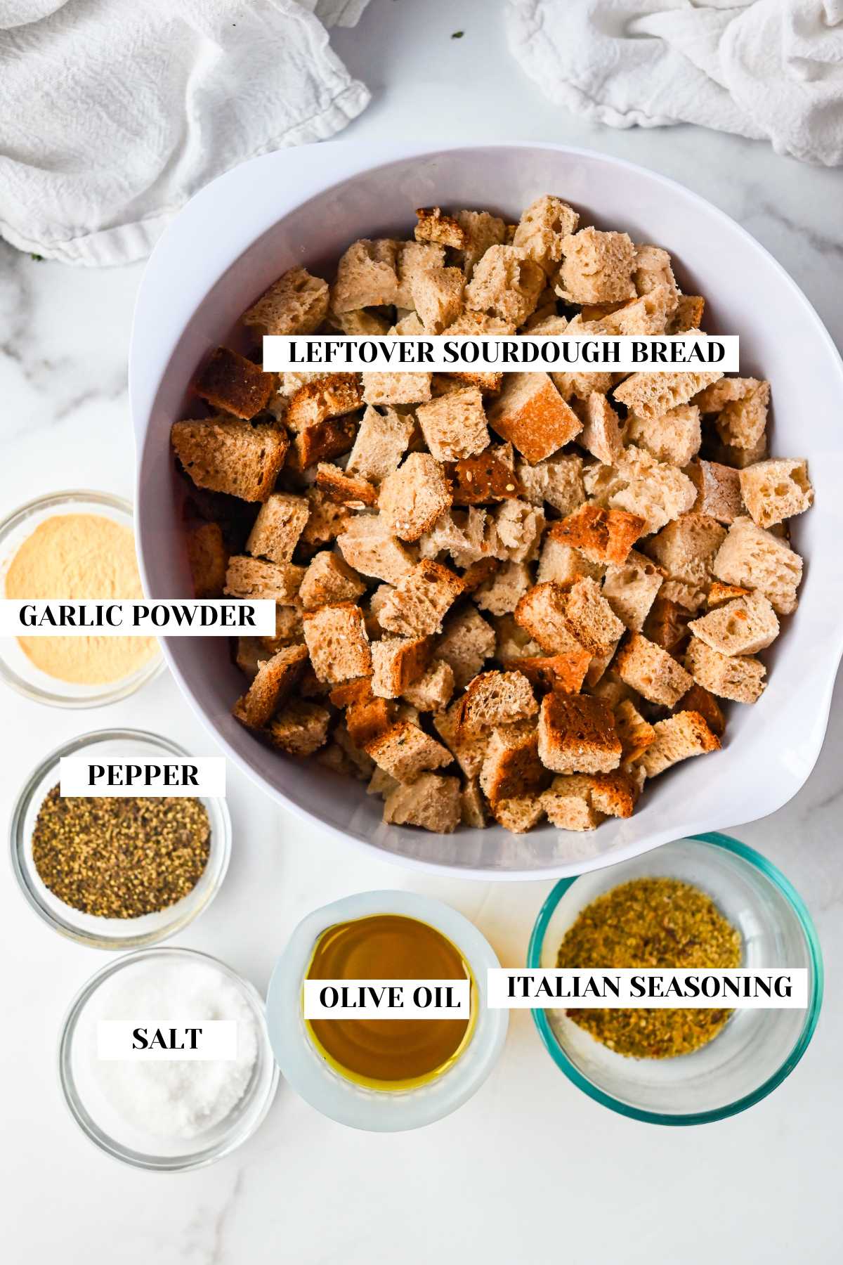 labeled ingredients for making homemade croutons.