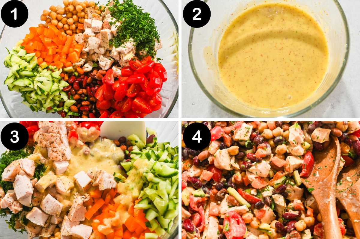 numbered steps for making dense bean salad with chicken.