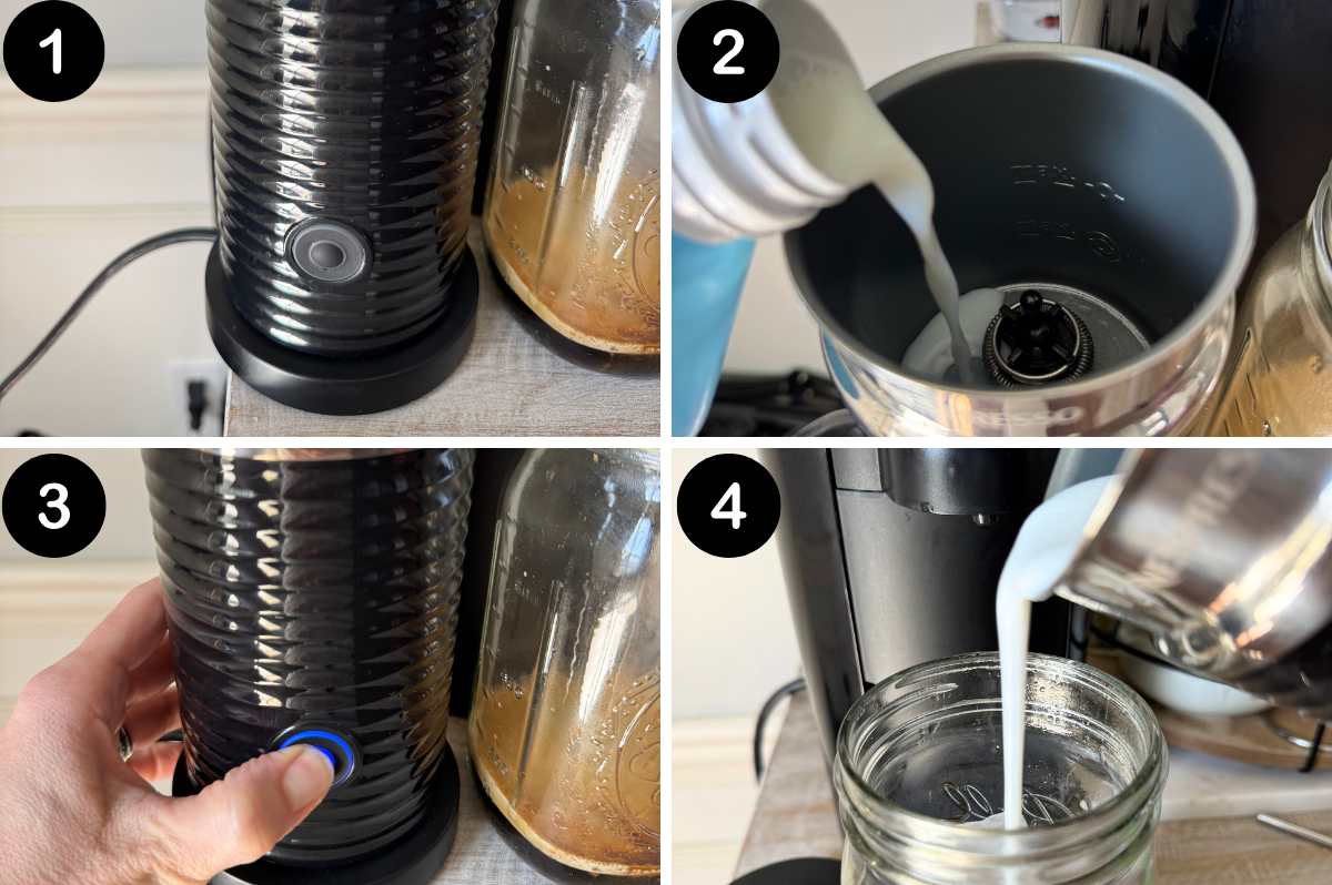 steps showing how to use the Nespresso aeroccino milk frother.