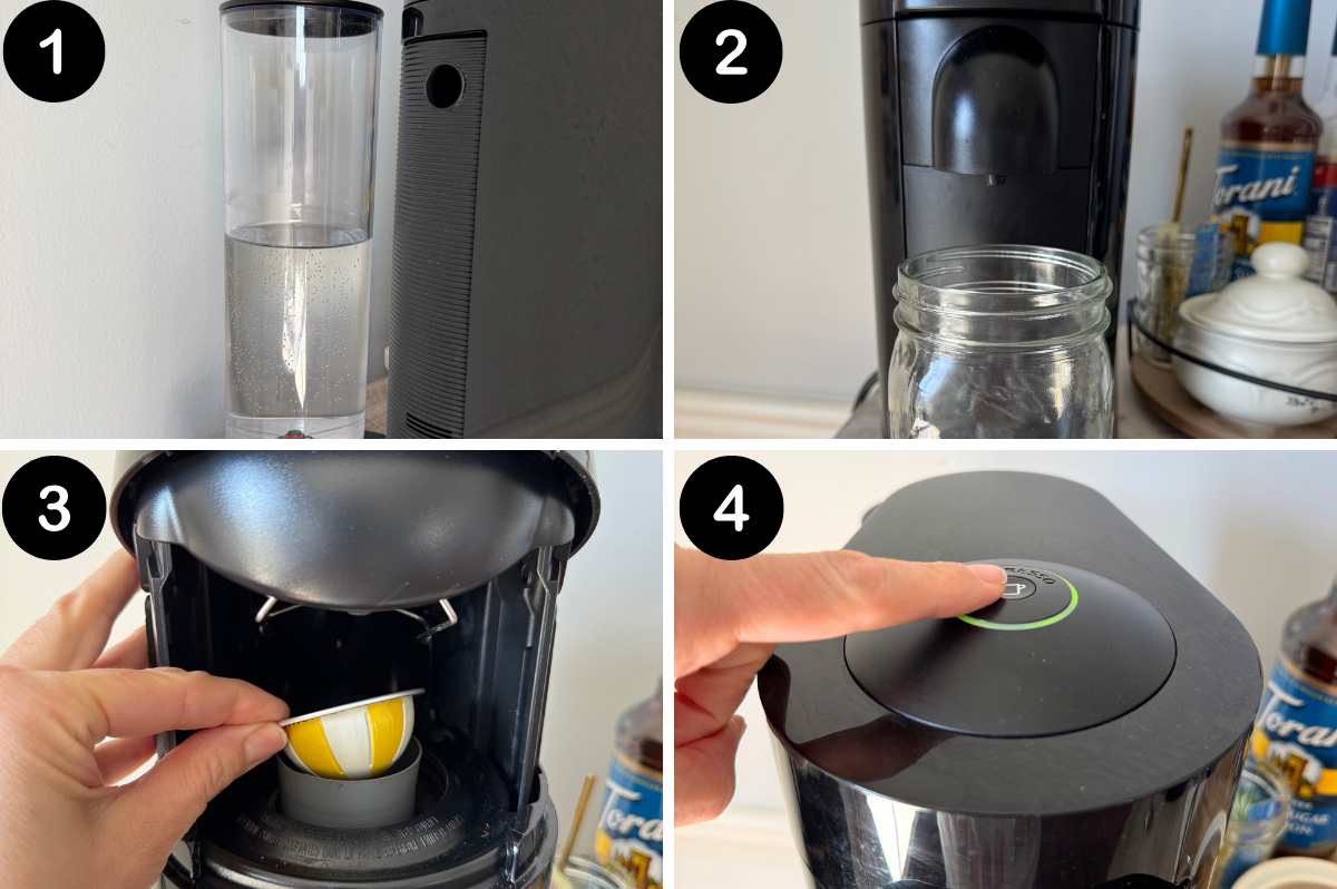 numbered steps showing how to brew coffee using the Nespresso vertuo.