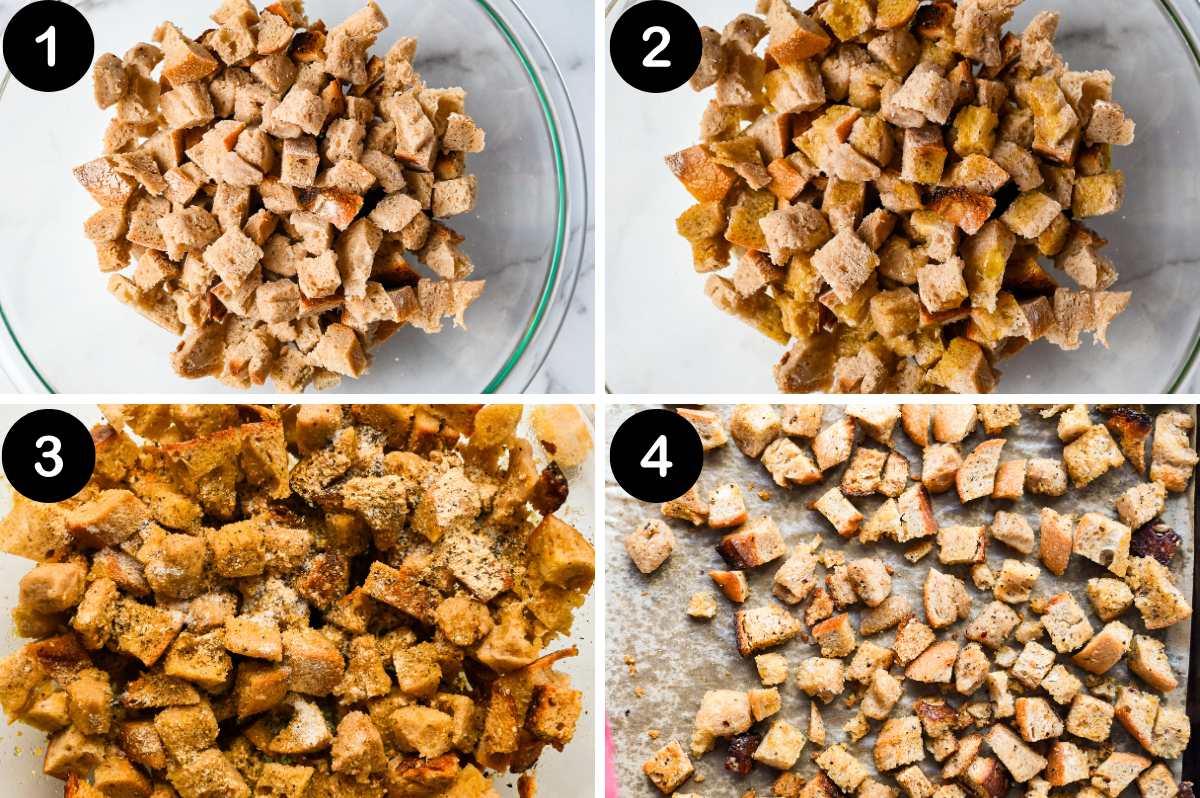 numbered collage photo showing how to make homemade croutons with leftover sourdough bread.