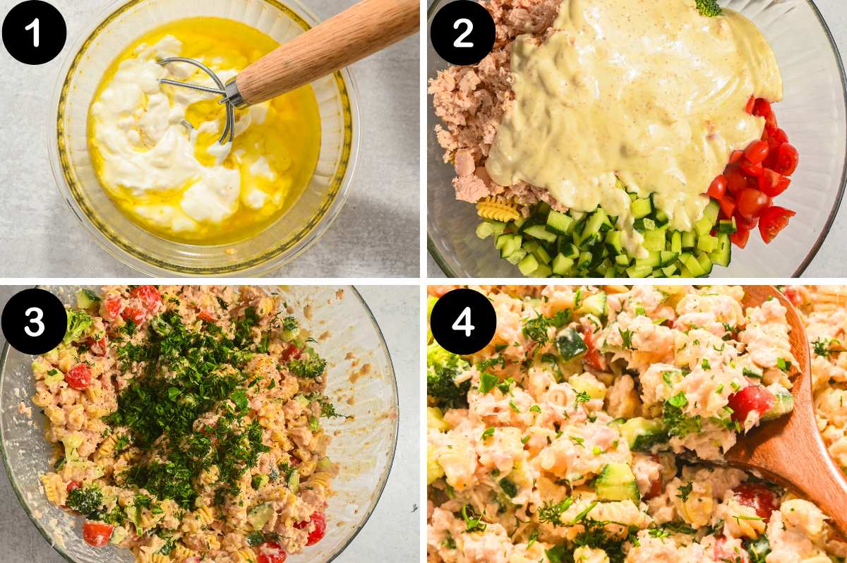 numbered steps for making tuna pasta salad without mayo.