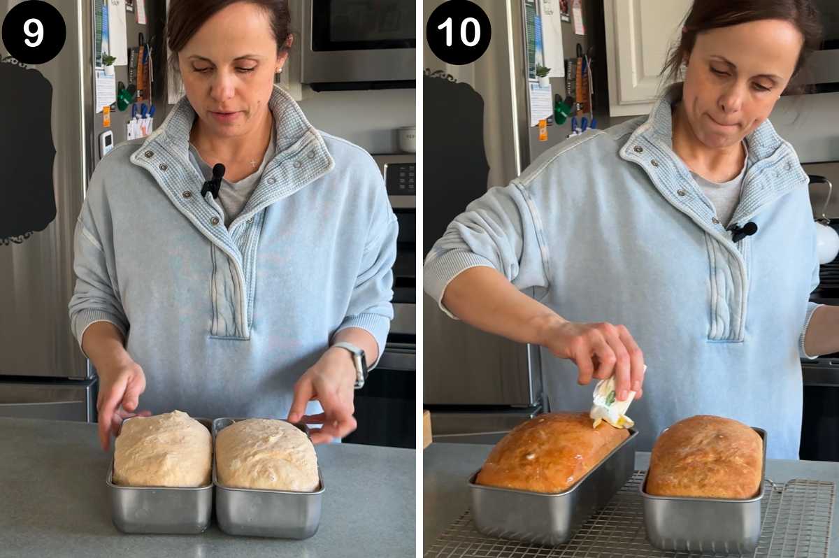 collage photo showing woman in a blue shirt baking bread.