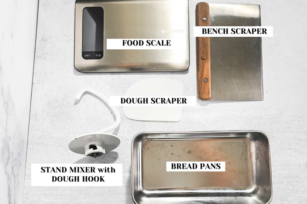 labeled equipment for making soft homemade sandwich bread.