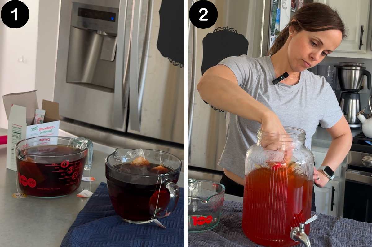 numbered collage photo grid showing how to make iced tea lemonade.