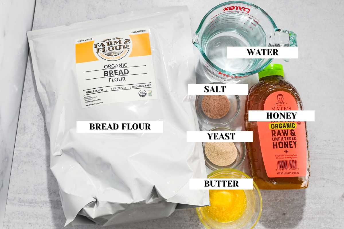 labeled ingredients for making soft homemade sandwich bread.