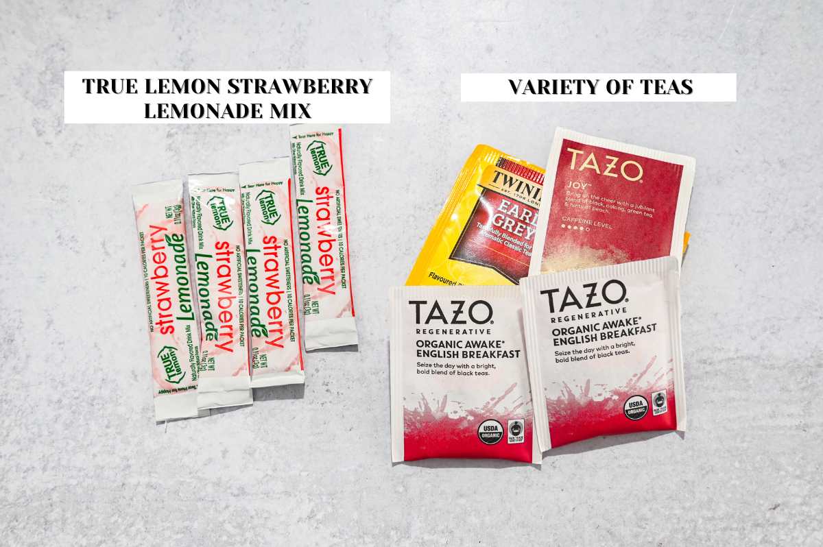 labeled ingredients for making an arnold palmer iced tea lemonade.