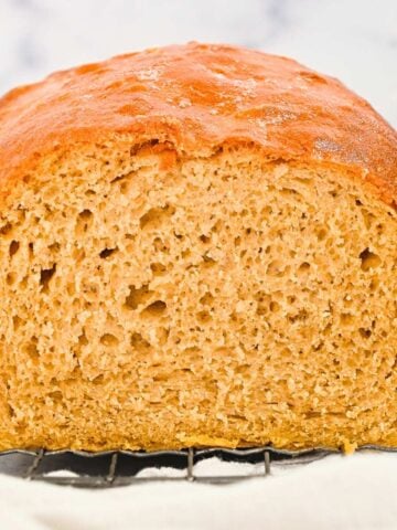 square image of the open side of sliced homemade sandwich bread.