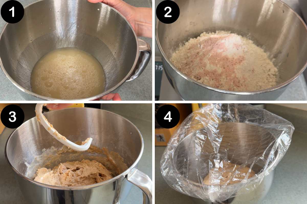 steps for mixing yeast and ingredients for making soft homemade sandwich bread.