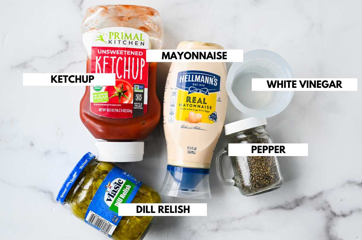 labeled ingredients for making burger sauce.