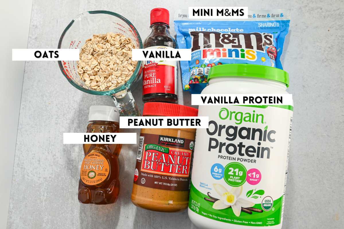 labeled ingredients for making monster protein balls.