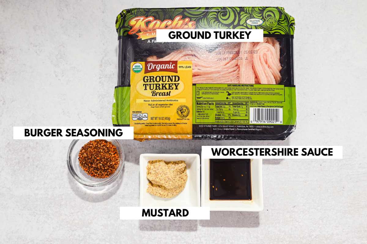 labeled ingredients for turkey smash burgers on a white background.