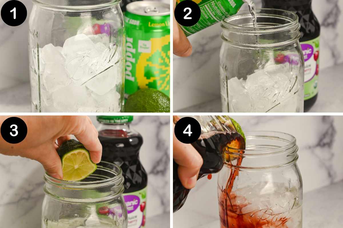 four step collage showing how to make this tart cherry juice mocktail with lime.