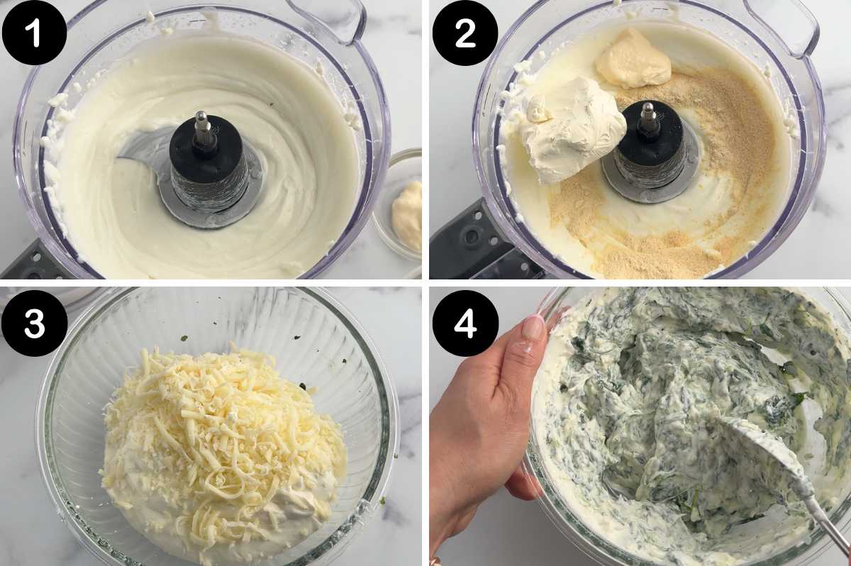 numbered steps for making cottage cheese spinach dip.
