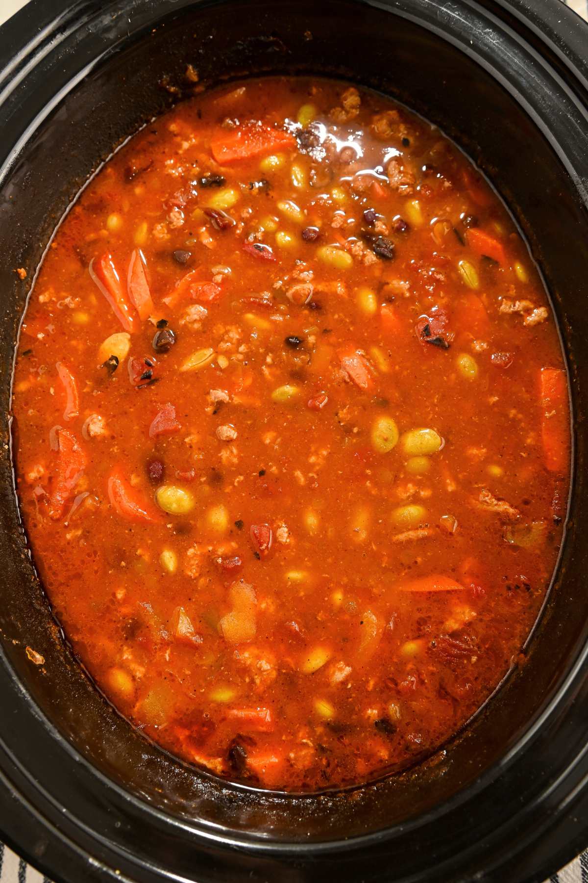 cooked high protein chili in a crock pot.