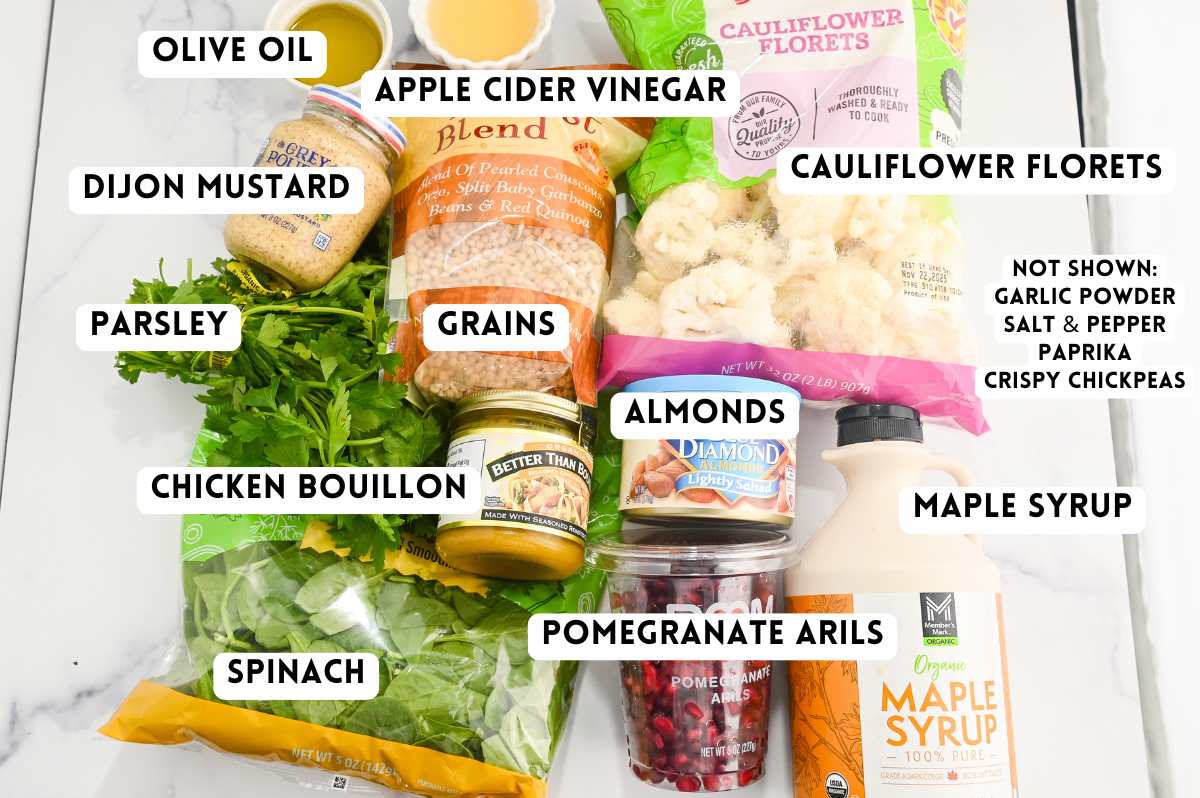 labeled ingredients for winter roasted cauliflower salad.