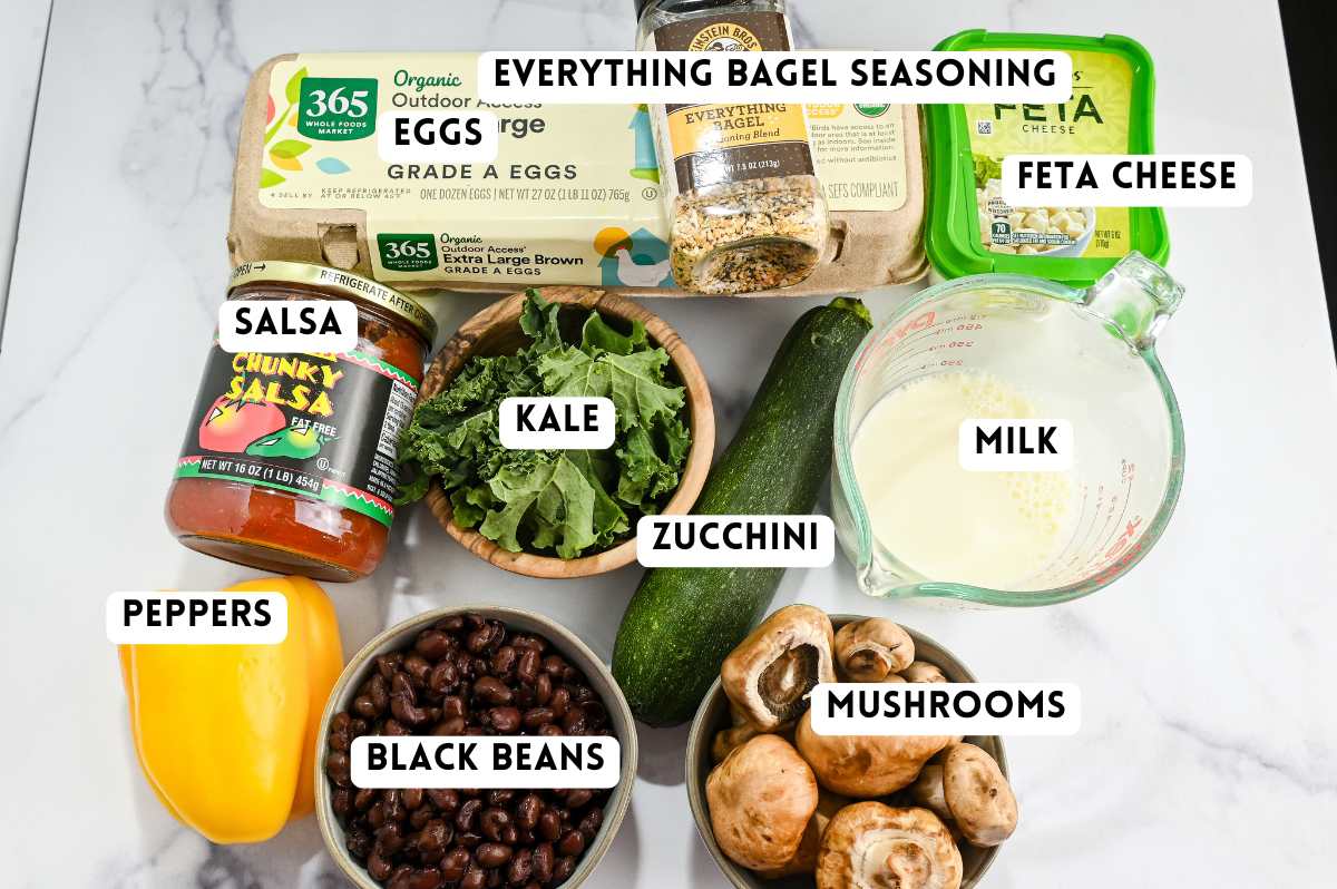 labeled ingredients for making veggie egg breakfast casserole bake.