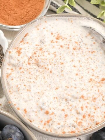 close up of cottage cheese chia pudding topped with cinnamon.