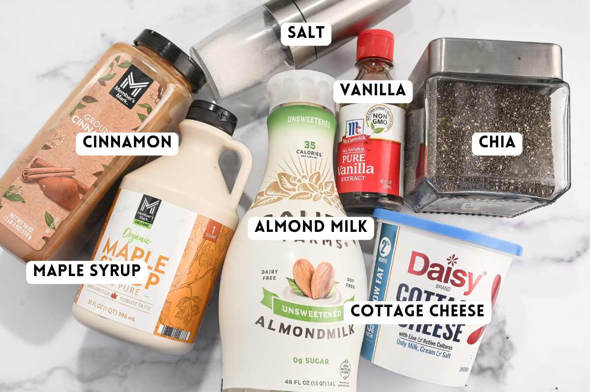 labeled ingredients for making cottage cheese chia pudding.
