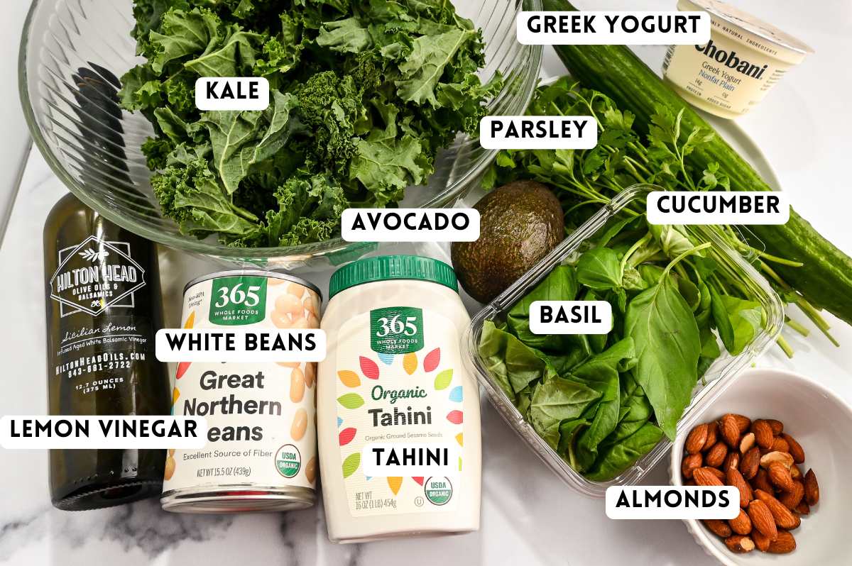 green power salad labeled ingredients on a white background.
