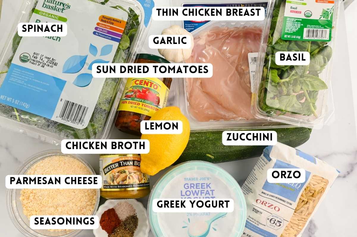 labeled ingredients for making creamy orzo with chicken.