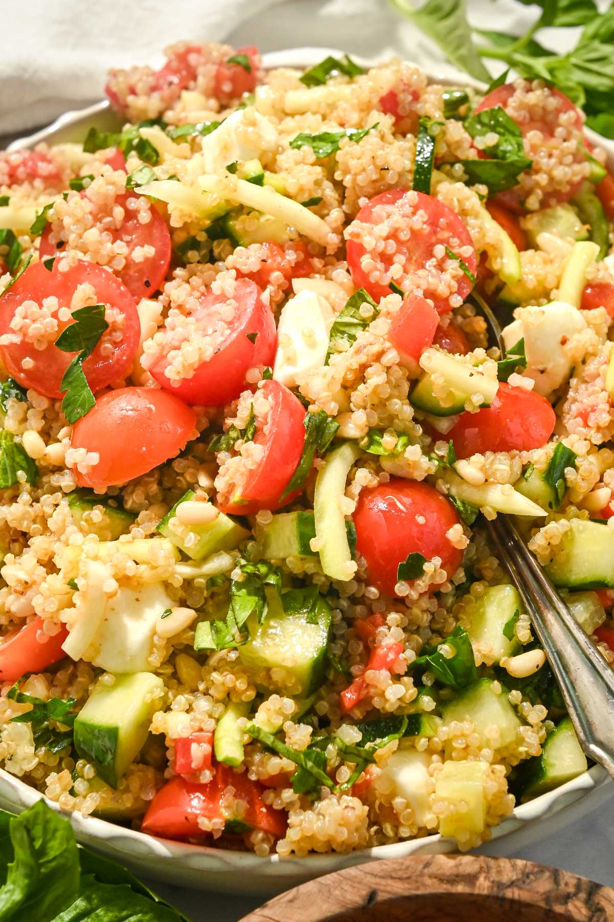 close up of italian caprese quinoa salad with tomatoes, mozzarella, basil, and roasted red peppers.