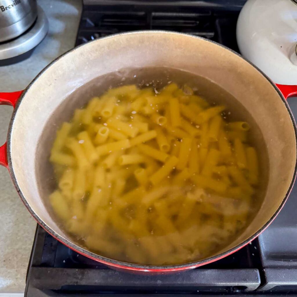pasta cooking on the stovetop.