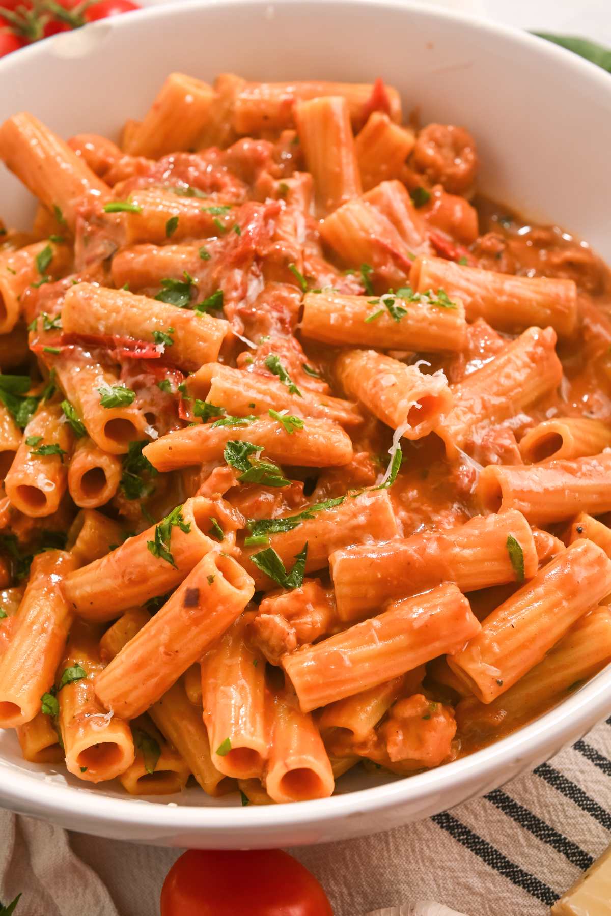 lobster bisque pasta in a white bowl.