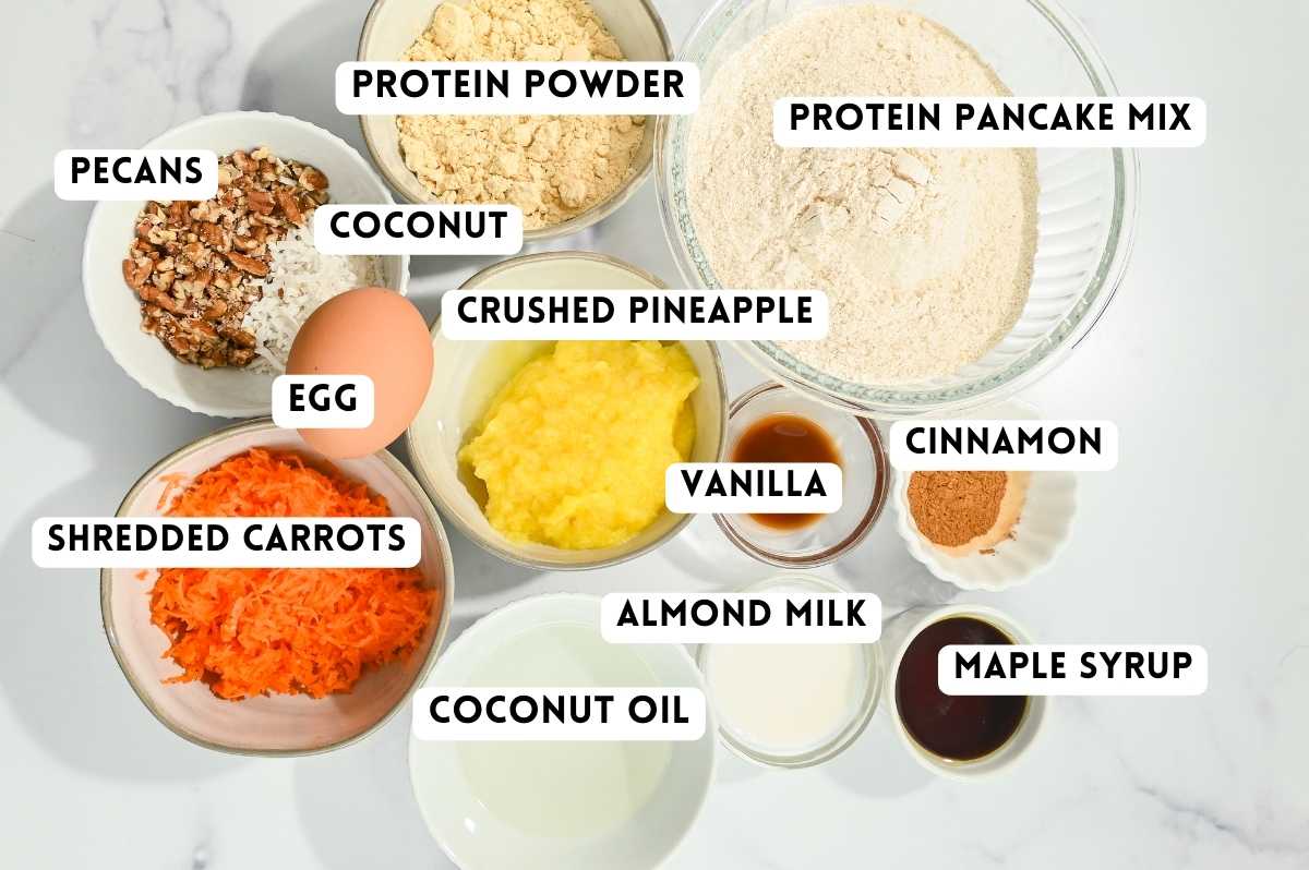 labeled ingredients for making carrot cake protein muffins.