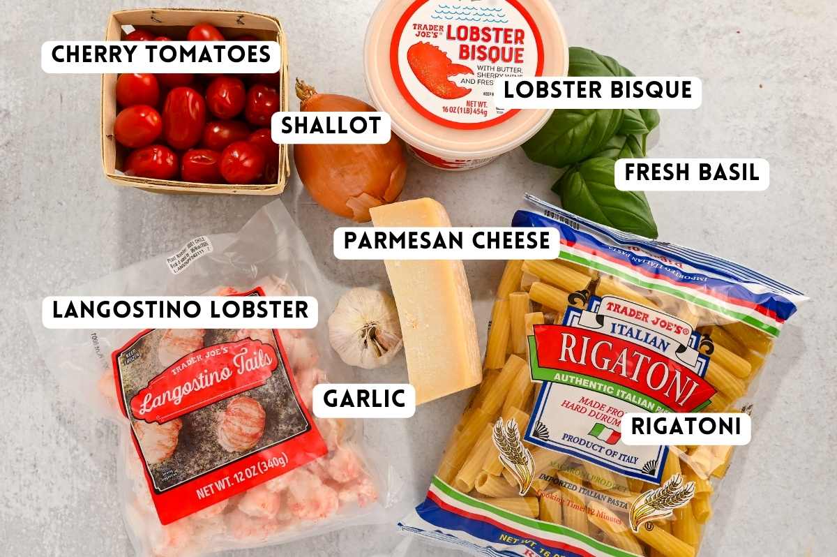labeled ingredients for making lobster bisque pasta.