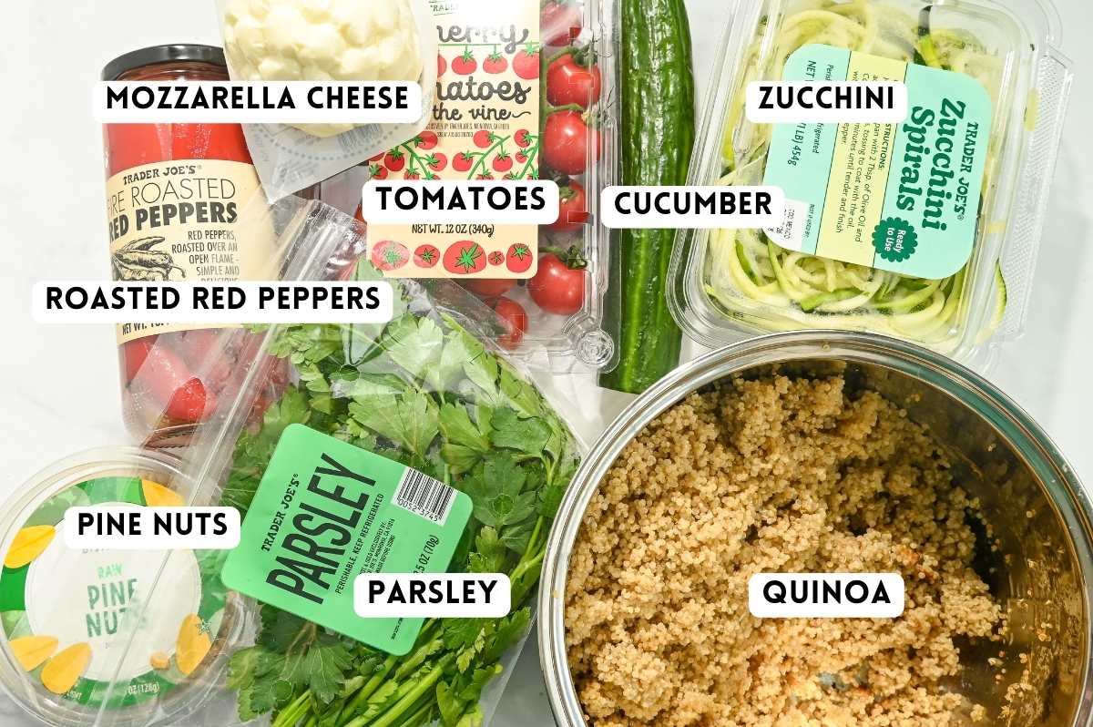 labeled ingredients for making quinoa caprese salad.